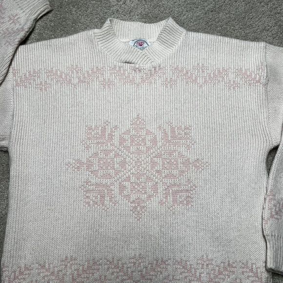 Vintage Thackery Knit Nordic Snowflake Sweater Cream Pink Pullover Sz Medium - Picture 3 of 10